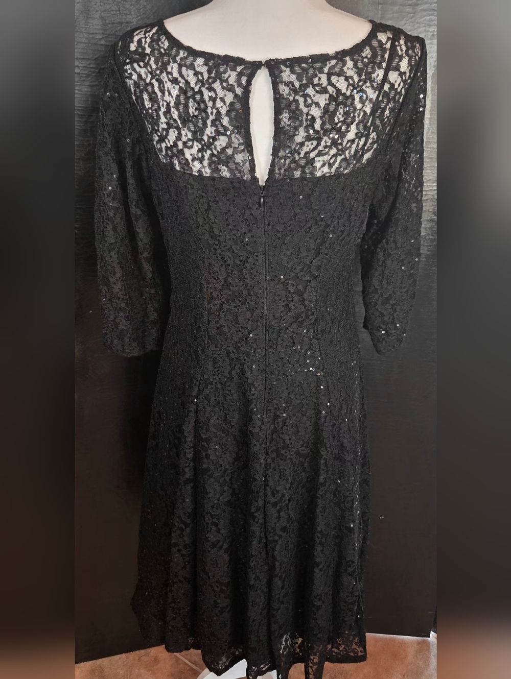 SLNY/S.L. Fashions Black Sequined Lace Fit & Flare Cocktail Dress - Size 10P - Picture 8 of 11